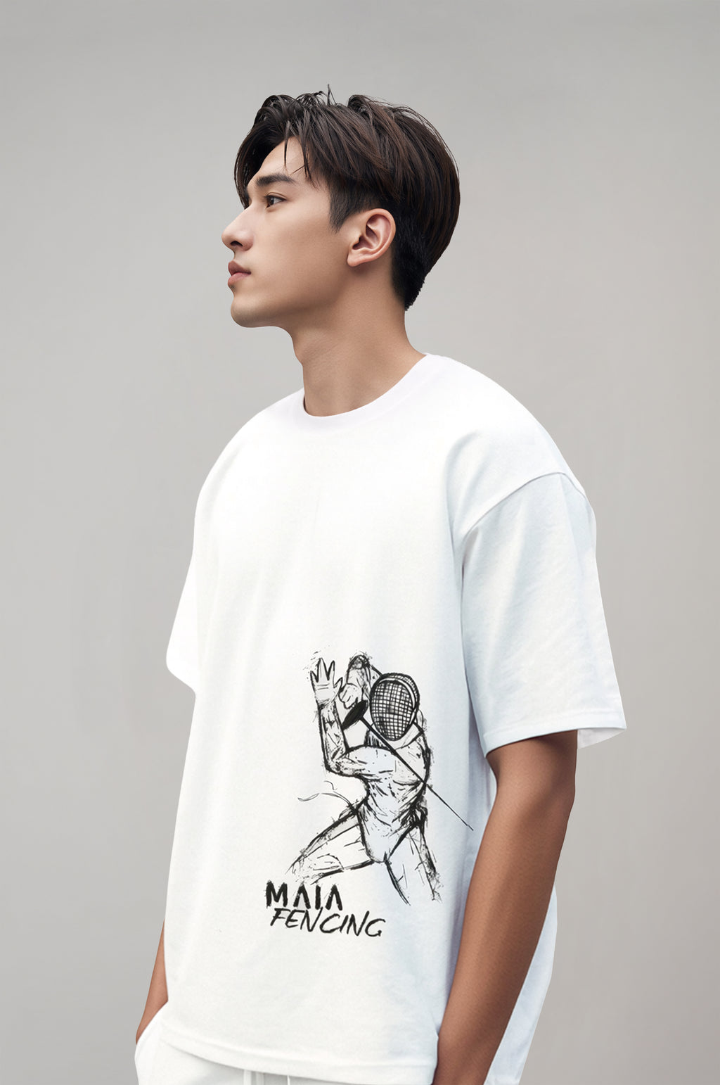 Men's White Oversized T-Shirt with Embossed Fencing Print