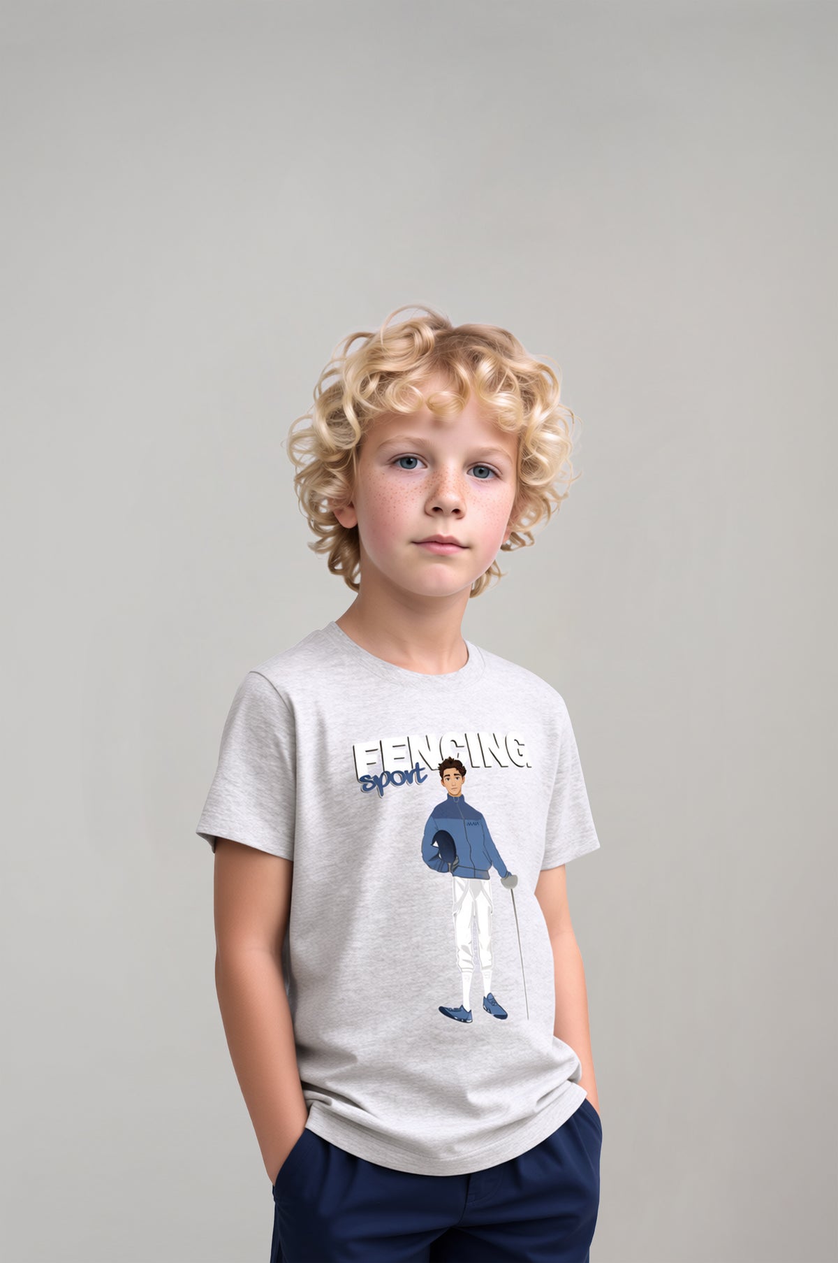 Boys’ Cartoon Fencer Graphic T-Shirt – Melange Grey